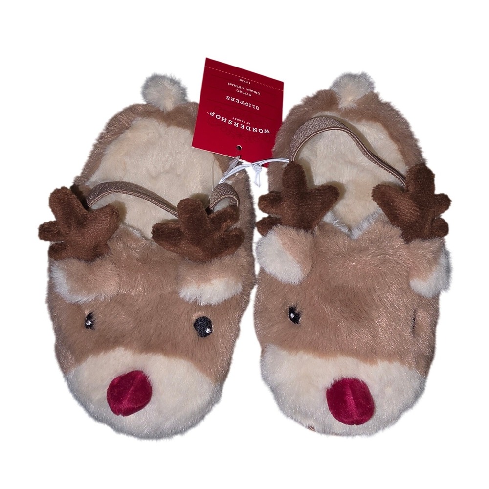 Wondershop Reindeer Slippers Kids Size M 7T-8T Brown Faux Fur Holiday Christmas